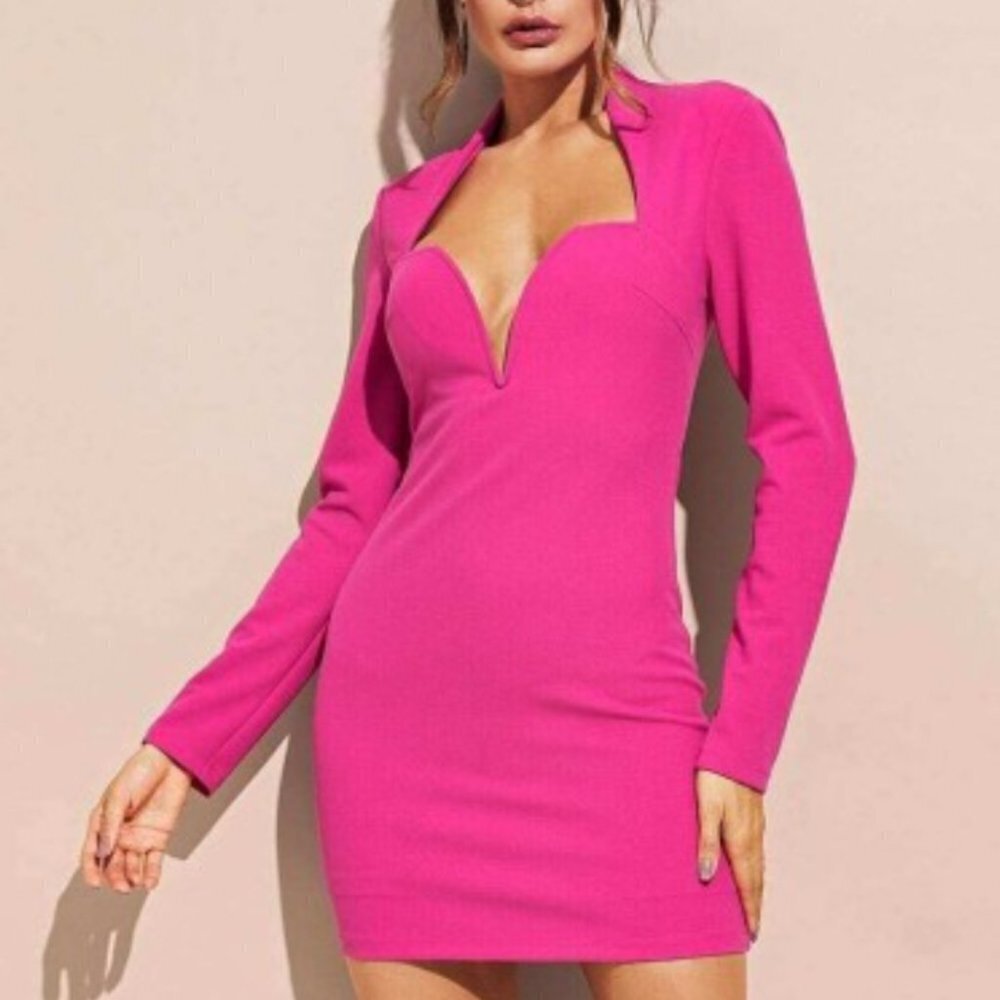 Shein Fuchsia Pink Plunging V-Neck Line Long Sleeve Bodycon Dress Size Medium